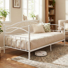 Metal Daybed Frame Sofa Bed with Classic Headboard Platform Bed Foundation-White