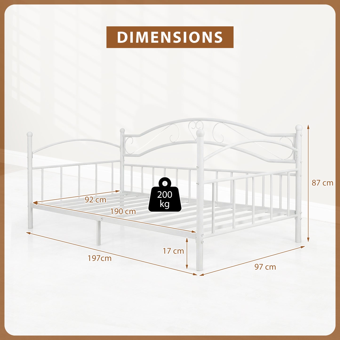 Metal Daybed Frame Sofa Bed with Classic Headboard Platform Bed Foundation-White