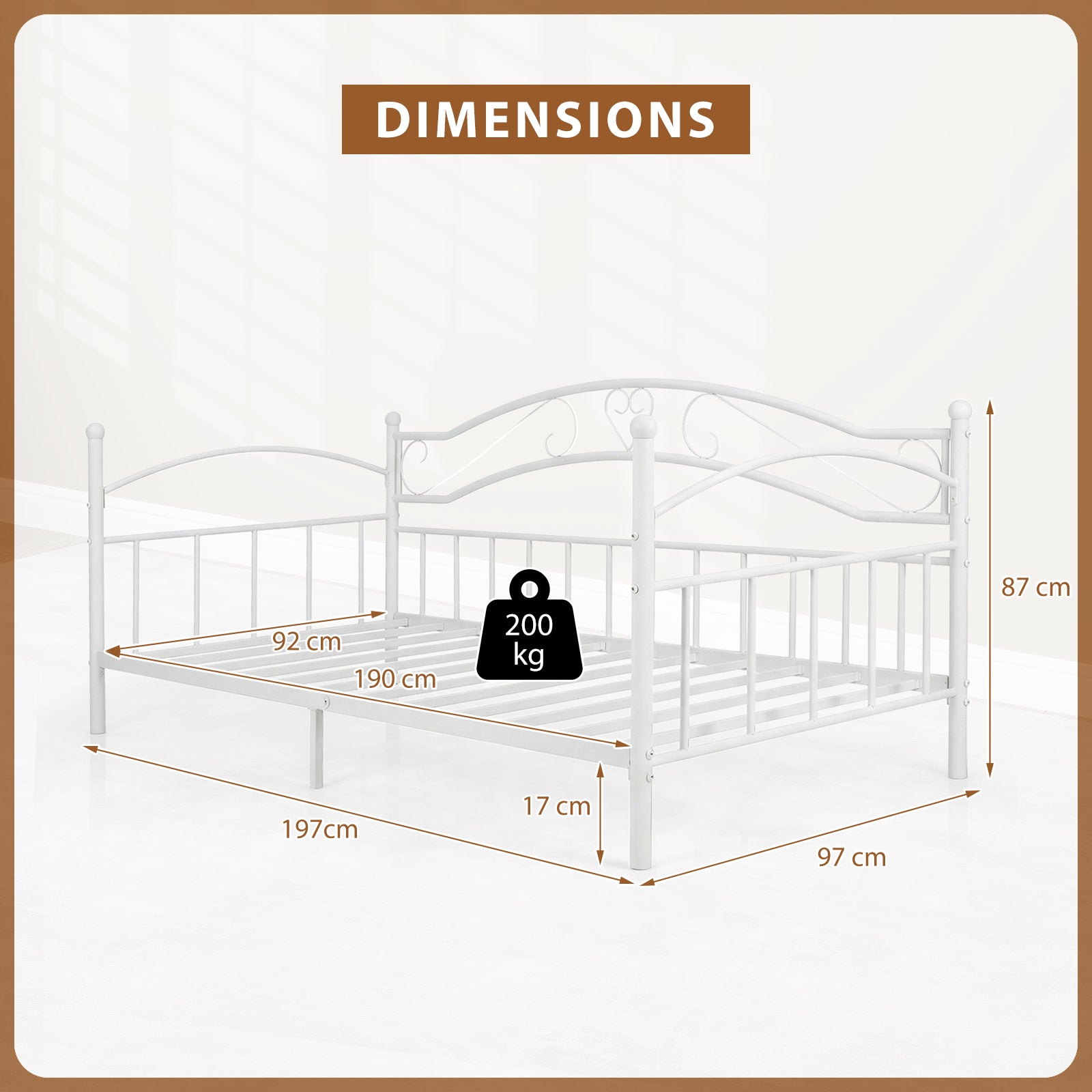 Metal Daybed Frame Sofa Bed with Classic Headboard Platform Bed Foundation-White