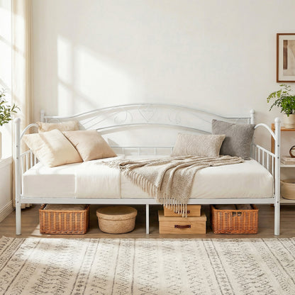 Metal Daybed Frame Sofa Bed with Classic Headboard Platform Bed Foundation-White