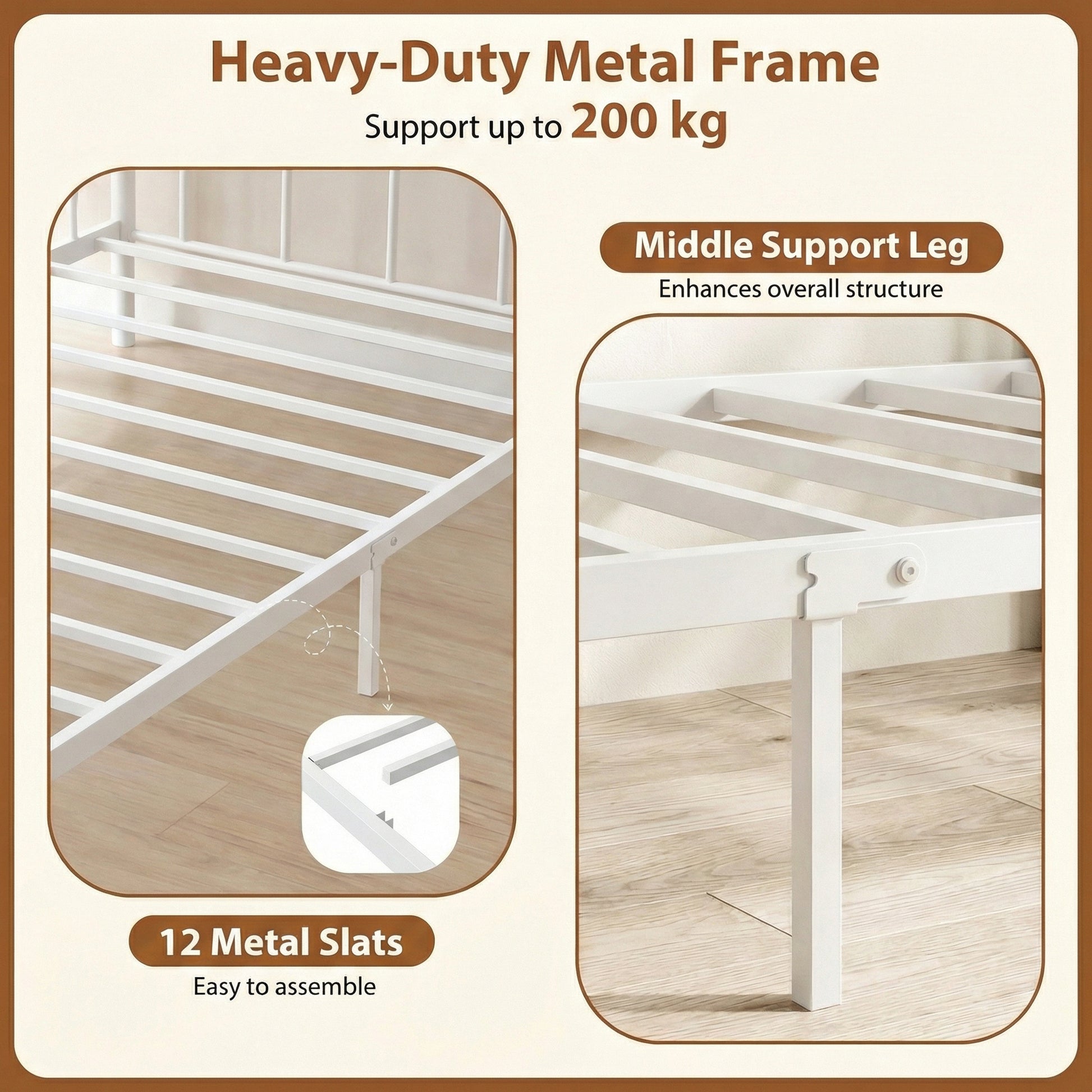 Metal Daybed Frame Sofa Bed with Classic Headboard Platform Bed Foundation-White