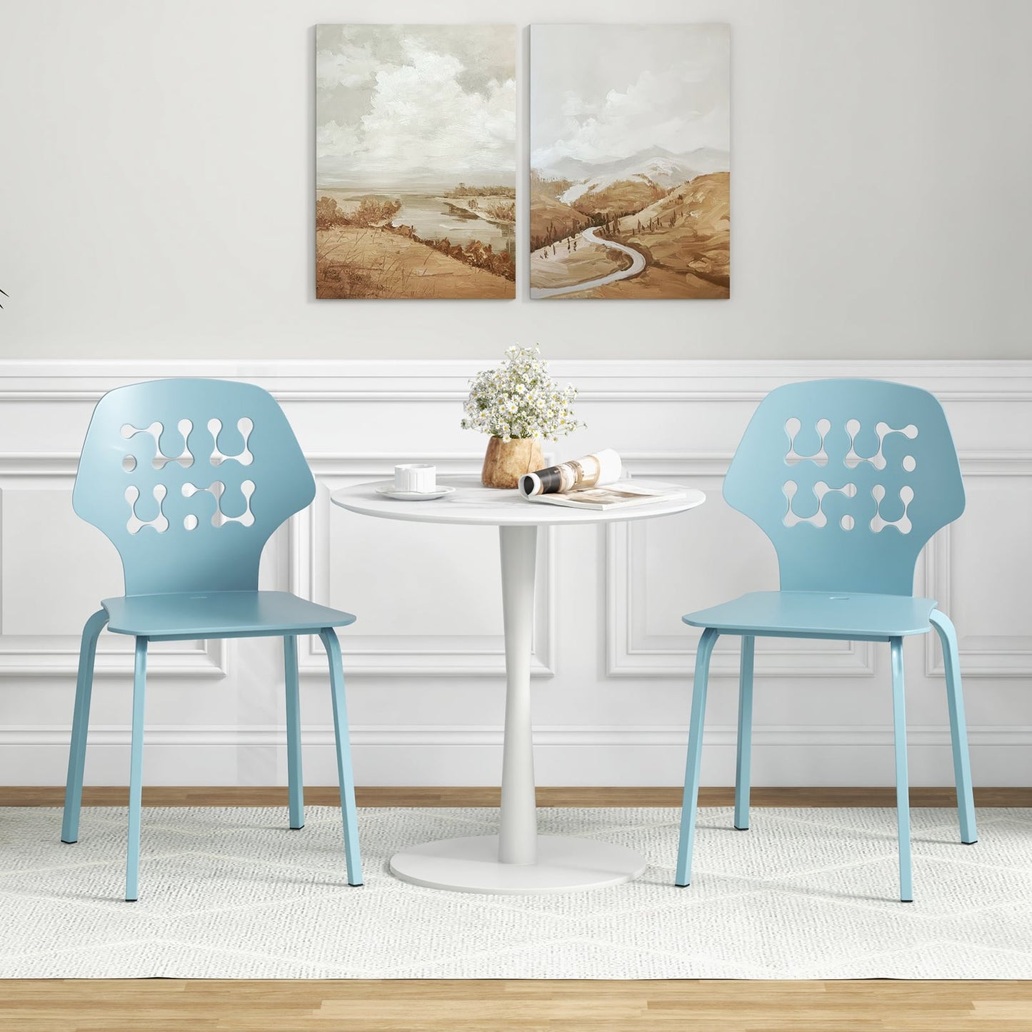Metal Dining Chair Set of 8 with Hollowed Backrest and Metal Legs-Blue