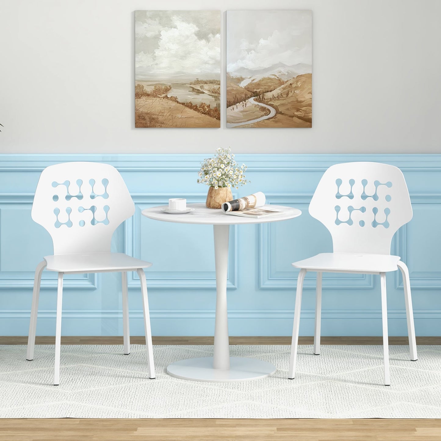 Metal Dining Chair Set of 8 with Hollowed Backrest and Metal Legs-White