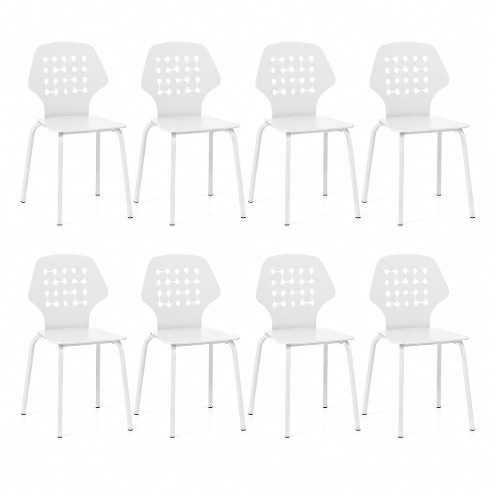 Metal Dining Chair Set of 8 with Hollowed Backrest and Metal Legs-White