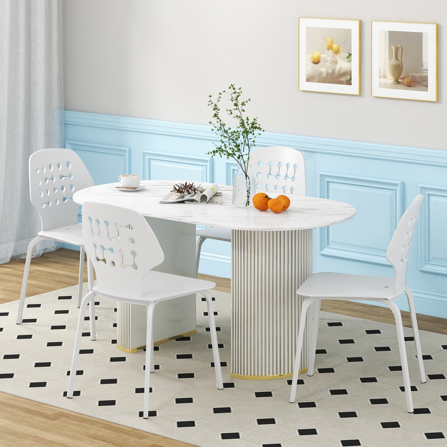 Metal Dining Chair Set of 8 with Hollowed Backrest and Metal Legs-White