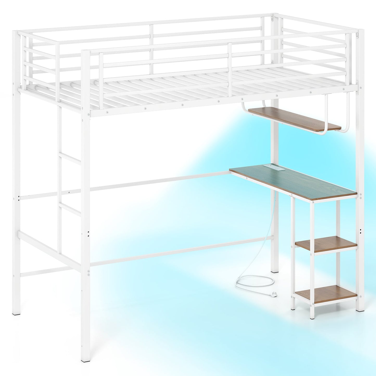 Metal Loft Bed Frame with Charging Station and Light Strip-Natural