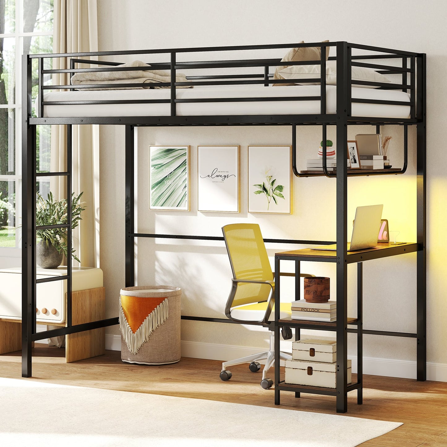 Metal Loft Bed Frame with Charging Station and Light Strip-Rustic Brown