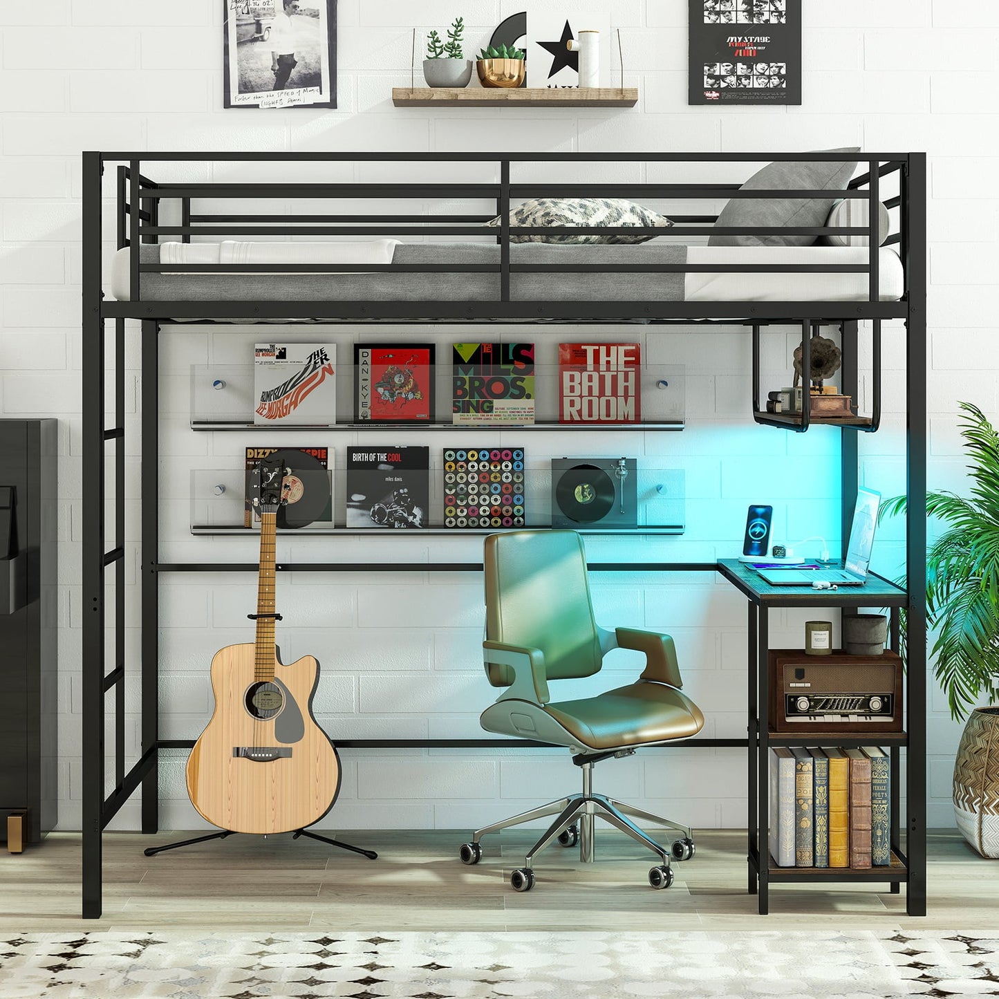 Metal Loft Bed Frame with Charging Station and Light Strip-Rustic Brown