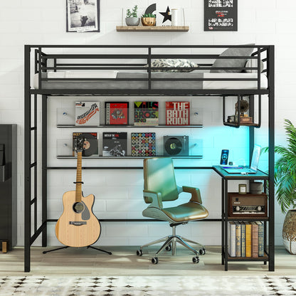 Metal Loft Bed Frame with Charging Station and Light Strip-Rustic Brown