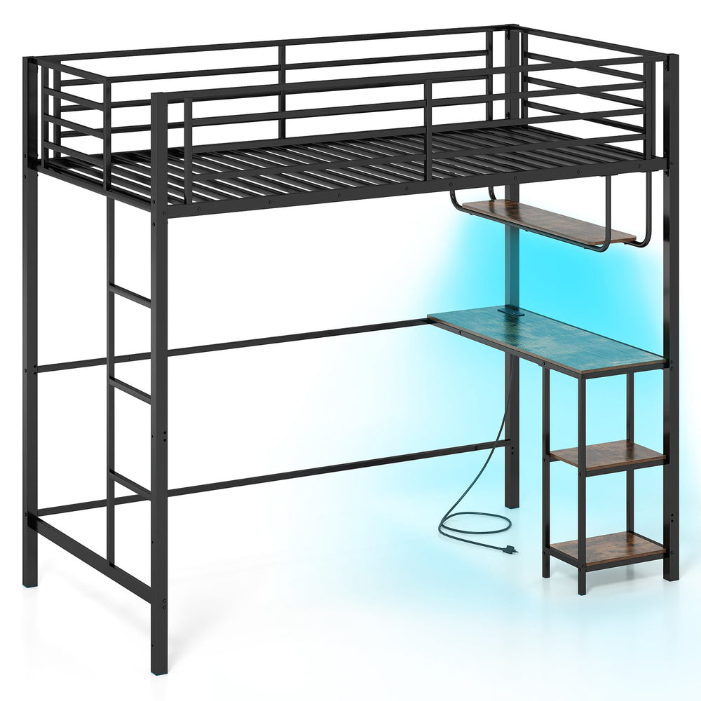Metal Loft Bed Frame with Charging Station and Light Strip-Rustic Brown
