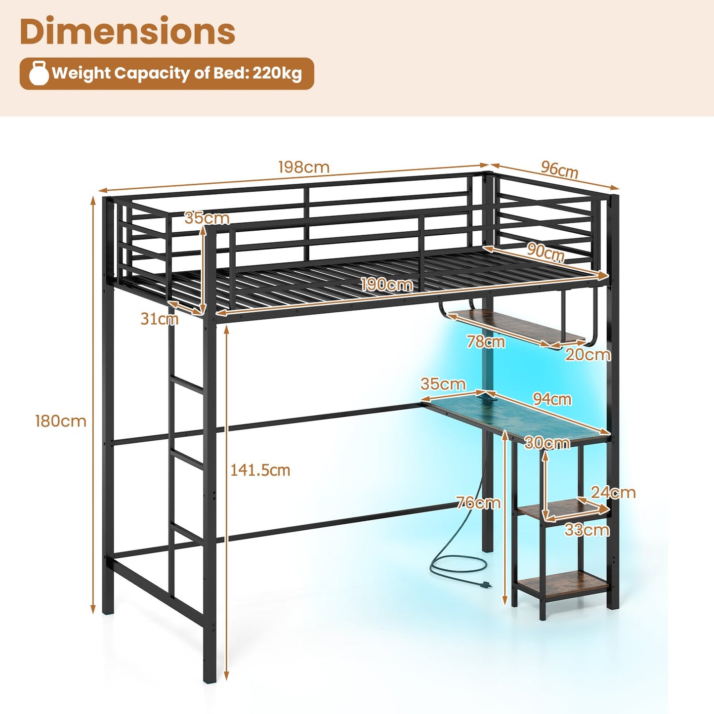 Metal Loft Bed Frame with Charging Station and Light Strip-Rustic Brown