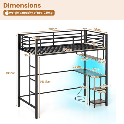 Metal Loft Bed Frame with Charging Station and Light Strip-Rustic Brown