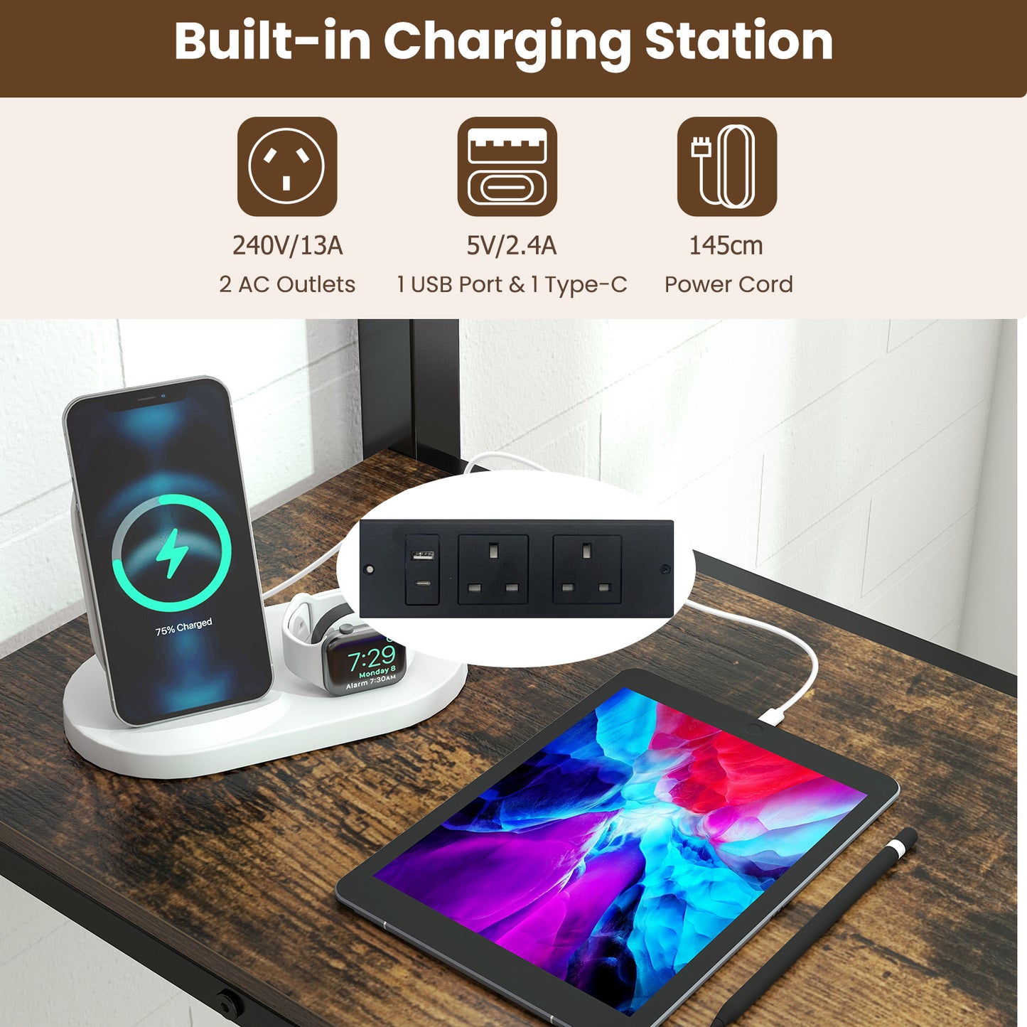 Metal Loft Bed Frame with Charging Station and Light Strip-Rustic Brown