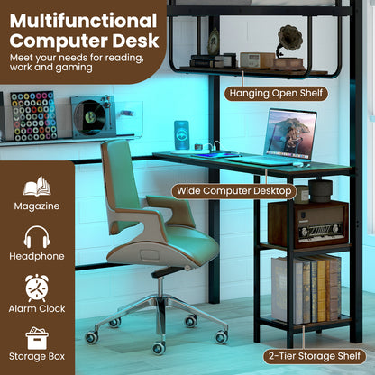 Metal Loft Bed Frame with Charging Station and Light Strip-Rustic Brown