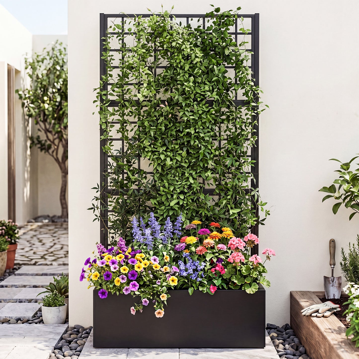 Metal Raised Garden Bed with Trellis and Drainage Holes-Black