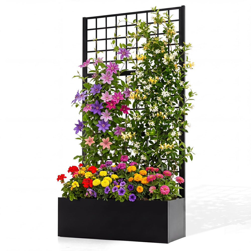 Metal Raised Garden Bed with Trellis and Drainage Holes-Black
