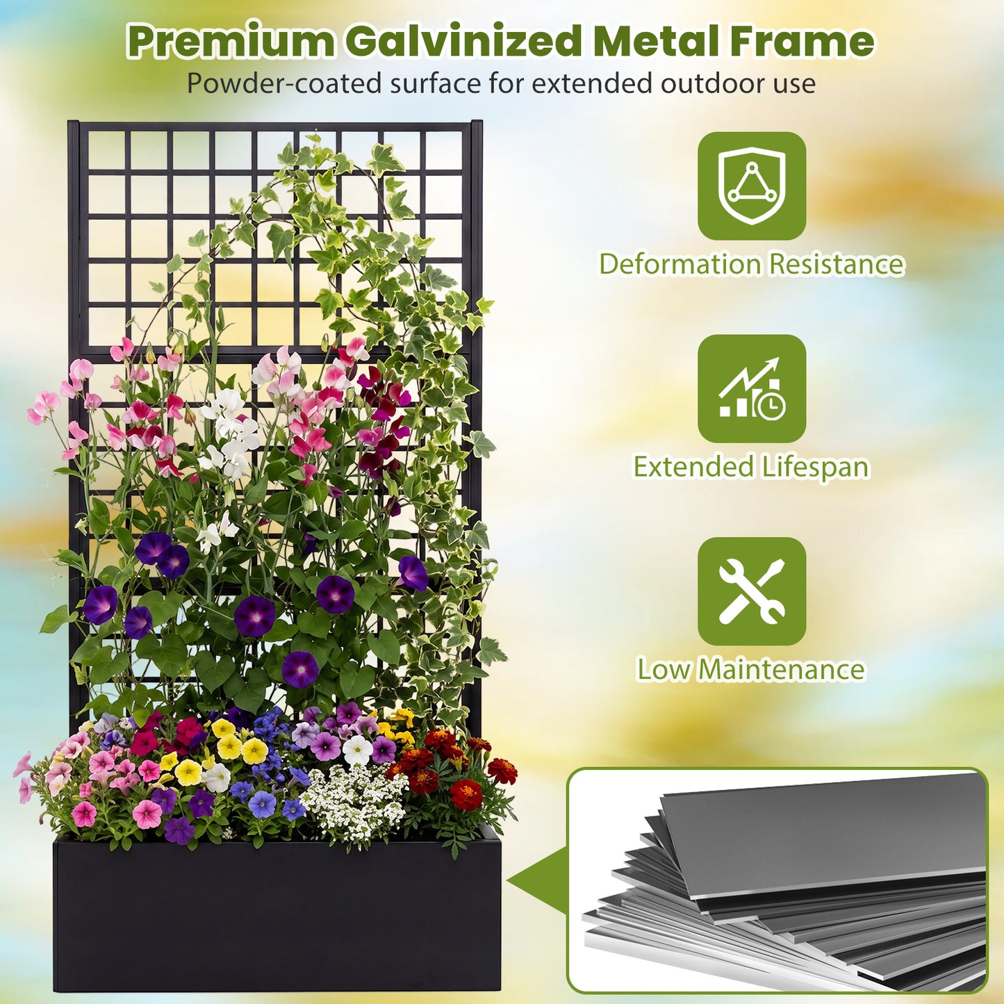 Metal Raised Garden Bed with Trellis and Drainage Holes-Black