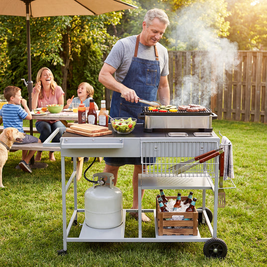 Metal Rolling Food Prep Cart with Mesh Side Panel and Topping Station for Backyard-Black