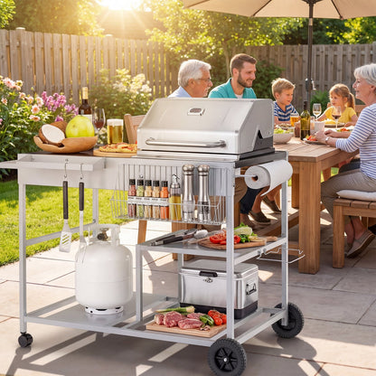 Metal Rolling Food Prep Cart with Mesh Side Panel and Topping Station for Backyard-Black
