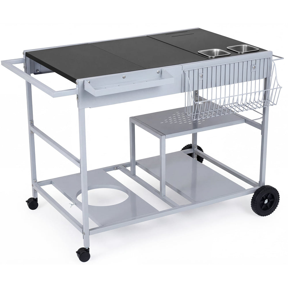 Metal Rolling Food Prep Cart with Mesh Side Panel and Topping Station for Backyard-Black
