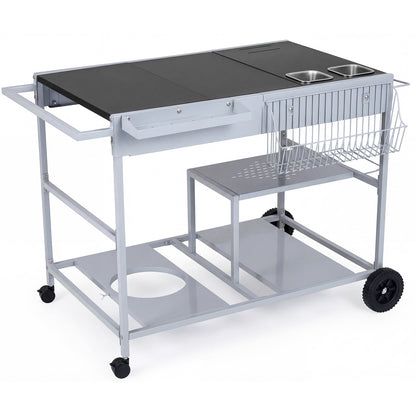 Metal Rolling Food Prep Cart with Mesh Side Panel and Topping Station for Backyard-Black