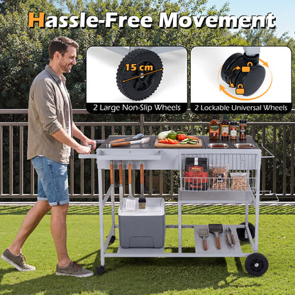 Metal Rolling Food Prep Cart with Mesh Side Panel and Topping Station for Backyard-Black