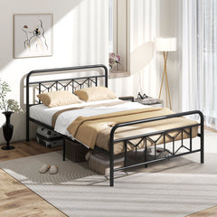 Single/Double/King Size Metal Bed Frame with High Headboard and Mute Bar-Black-Full Size