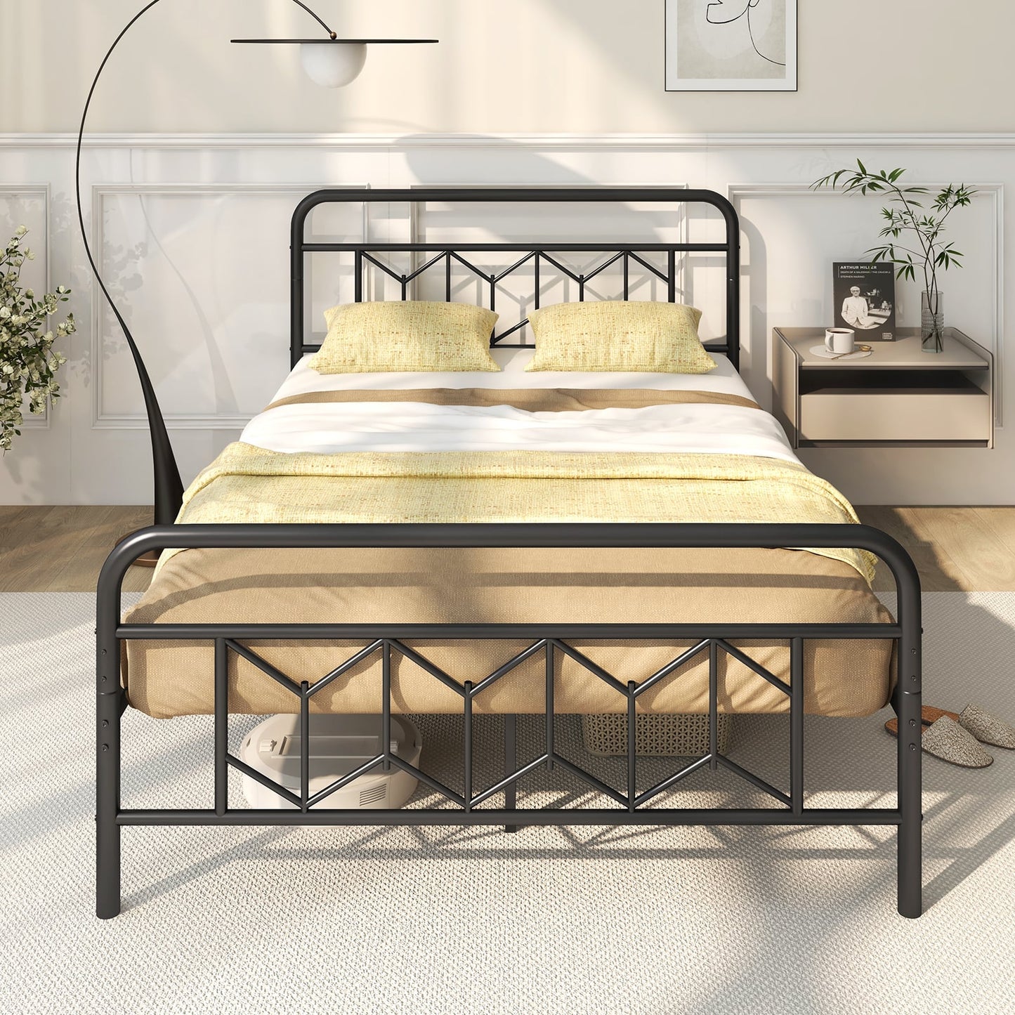 Single/Double/King Size Metal Bed Frame with High Headboard and Mute Bar-Black-Full Size