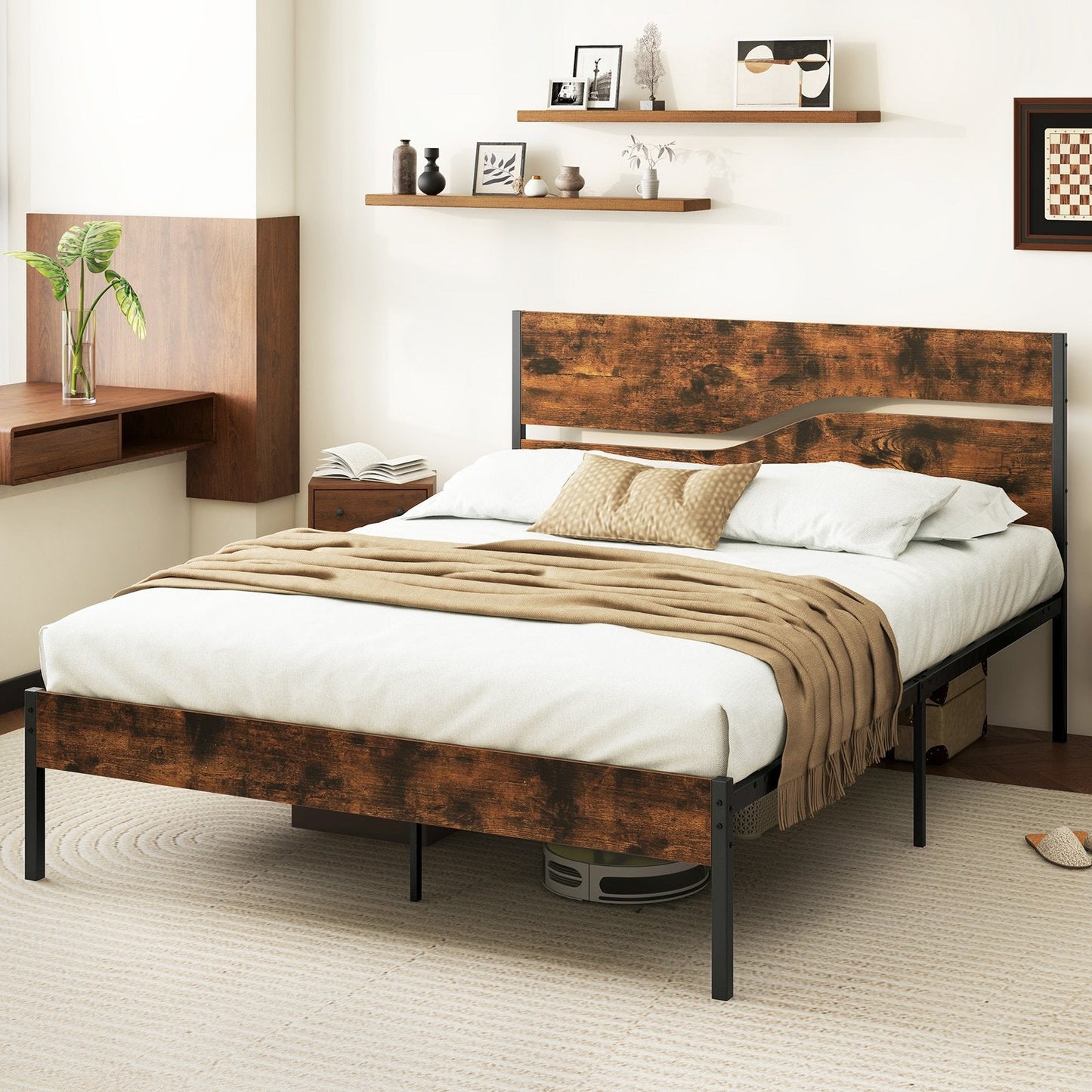Single/Double/King Metal Bed Frame with Wooden Headboard and Footboard-Rustic Brown-King size