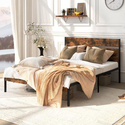 Single/Double/King Metal Bed Frame with Wooden Headboard and Footboard-Rustic Brown-King size