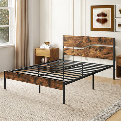 Single/Double/King Metal Bed Frame with Wooden Headboard and Footboard-Rustic Brown-King size