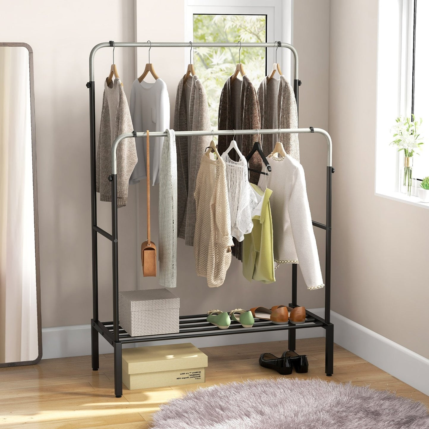 Metal Clothes Stand Rack with 2 Rods and Shoe Shelf-Silver