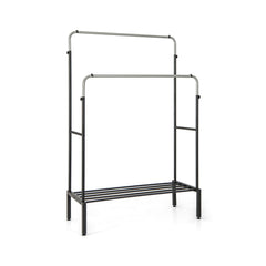 Metal Clothes Stand Rack with 2 Rods and Shoe Shelf-Silver