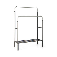 Metal Clothes Stand Rack with 2 Rods and Shoe Shelf-Silver