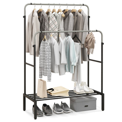Metal Clothes Stand Rack with 2 Rods and Shoe Shelf-Silver