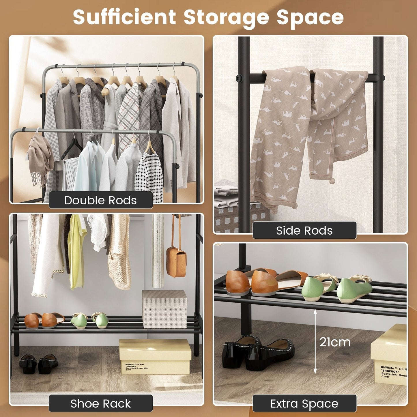 Metal Clothes Stand Rack with 2 Rods and Shoe Shelf-Silver