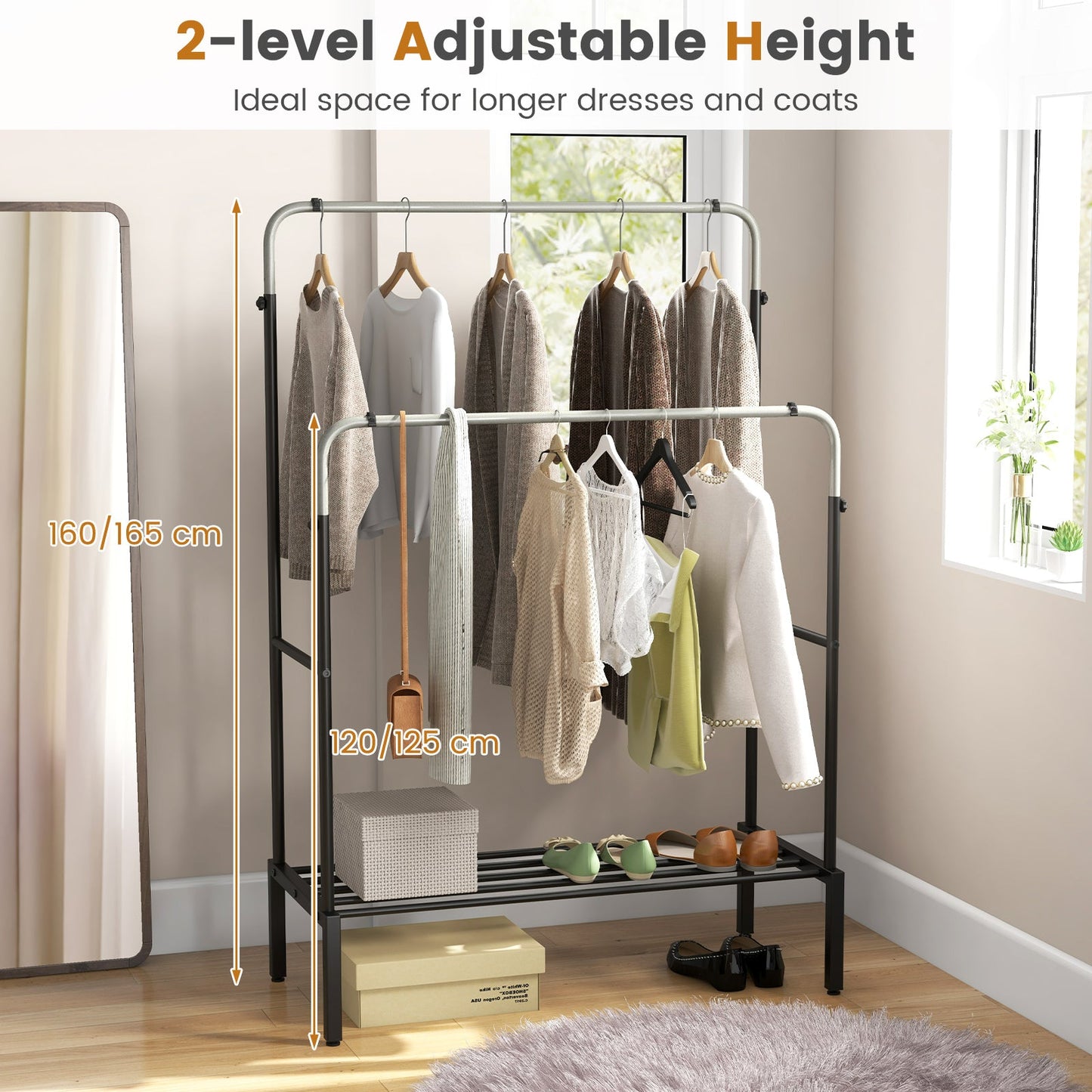 Metal Clothes Stand Rack with 2 Rods and Shoe Shelf-Silver