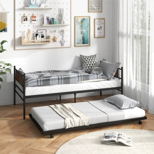 Metal Daybed with Pull-out Trundle Sofa Guest Bed with Wheels-Single Size