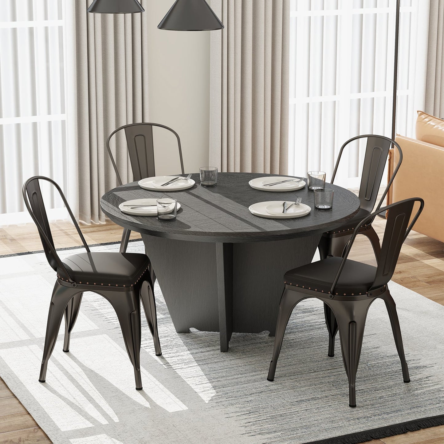 Metal Dining Chair Set of 4 with Removable Backs and PU Leather Cushioned Seat-Brown
