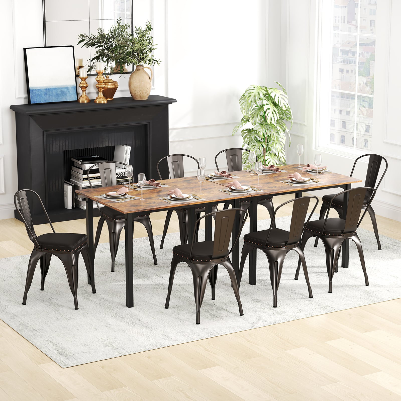 Metal Dining Chair Set of 4 with Removable Backs and PU Leather Cushioned Seat-Brown
