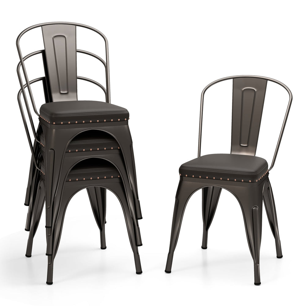 Metal Dining Chair Set of 4 with Removable Backs and PU Leather Cushioned Seat-Brown