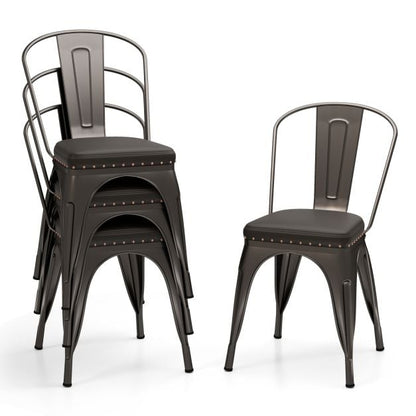 Metal Dining Chair Set of 4 with Removable Backs and PU Leather Cushioned Seat-Brown