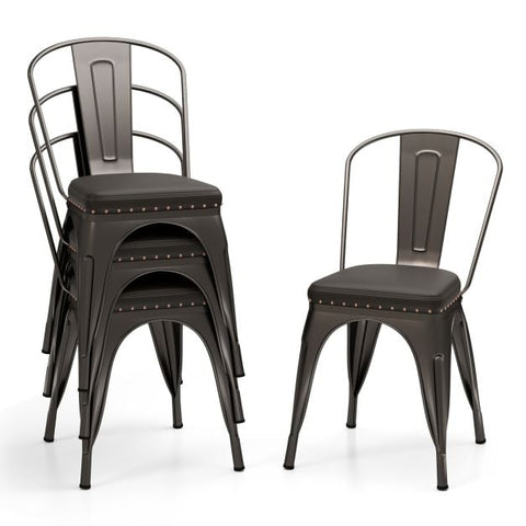 Metal Dining Chair Set of 4 with Removable Backs and PU Leather Cushioned Seat-Brown