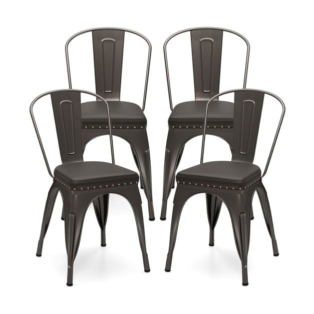 Metal Dining Chair Set of 4 with Removable Backs and PU Leather Cushioned Seat-Brown