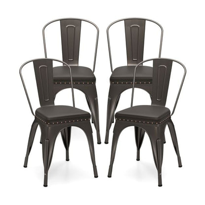 Metal Dining Chair Set of 4 with Removable Backs and PU Leather Cushioned Seat-Brown