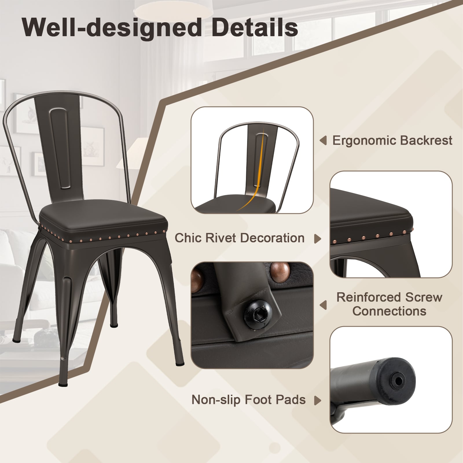 Metal Dining Chair Set of 4 with Removable Backs and PU Leather Cushioned Seat-Brown