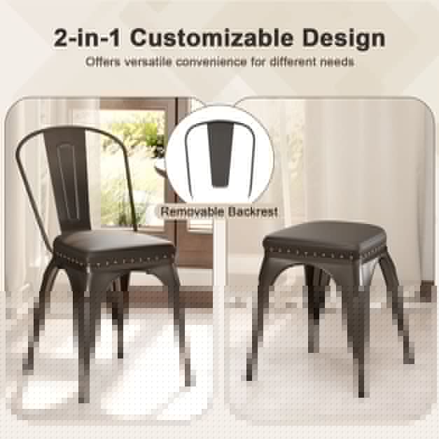Metal Dining Chair Set of 4 with Removable Backs and PU Leather Cushioned Seat-Brown
