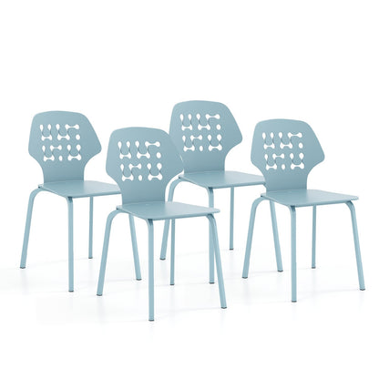 Metal Dining Chair Set of 4 with Hollowed Backrest and Metal Legs-Blue