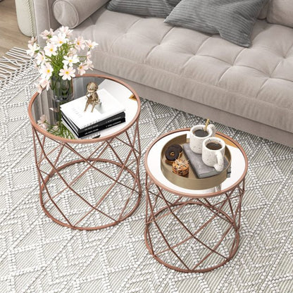 Stackable Metal Frame End Table Set of 2 with Mirrored Top-Rose Gold