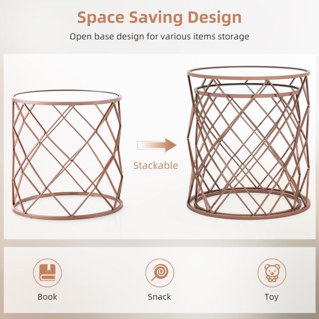 Stackable Metal Frame End Table Set of 2 with Mirrored Top-Rose Gold